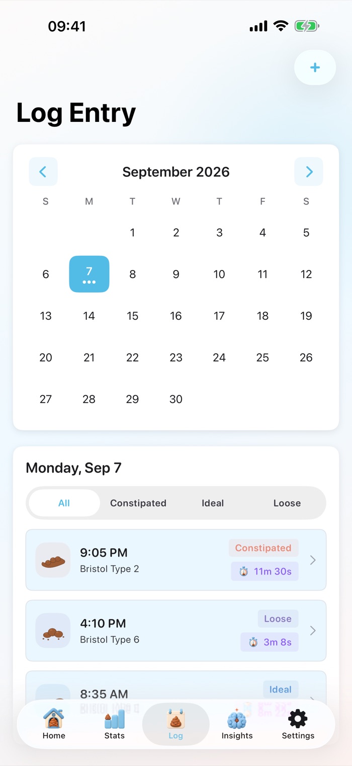 POOPPAL Tracker showing sample bowel movement records and health tracking