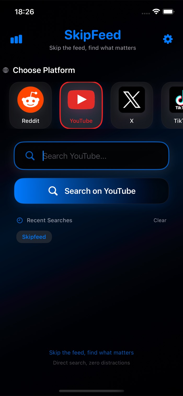 SkipFeed's direct search interface with platform selection and search