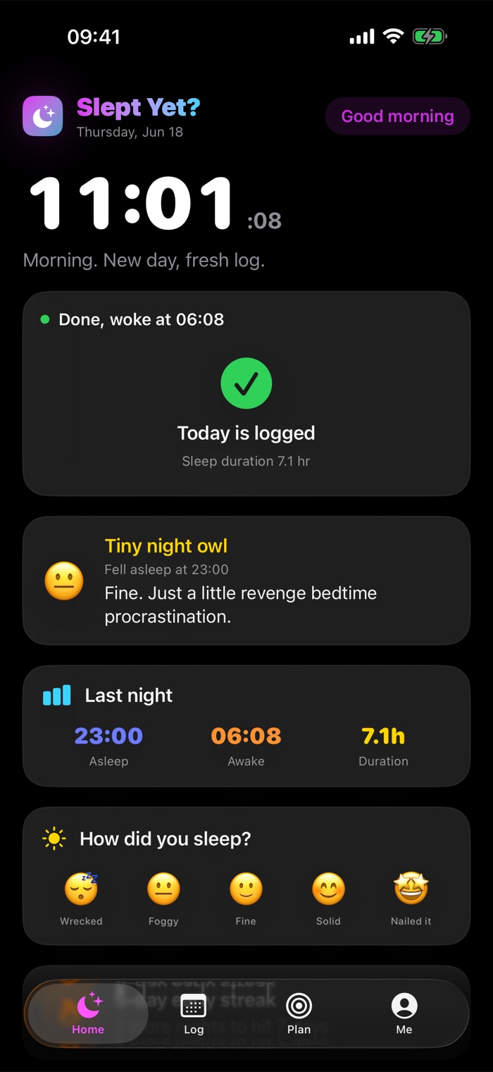 Slept Yet? showing a sample sleep log, sleep duration, and morning check-in